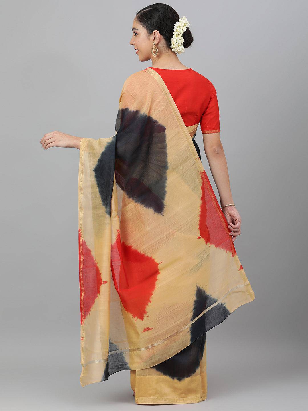 Beige Tie-Dye Printed Chanderi Saree - Uboric