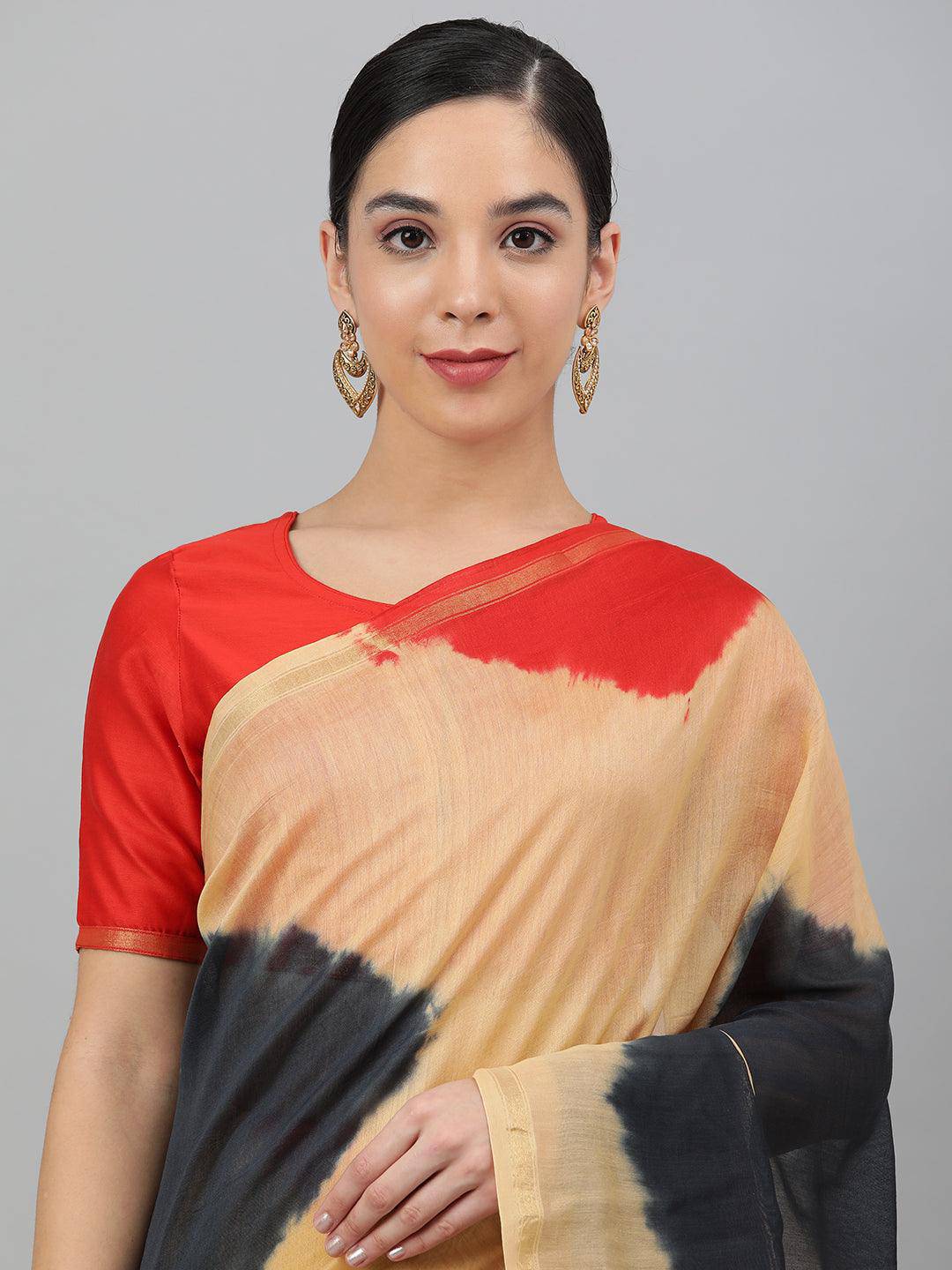 Beige Tie-Dye Printed Chanderi Saree - Uboric