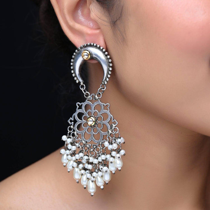 Bhagwati Silver Oxidized Earrings With Pearl Hangings - Uboric