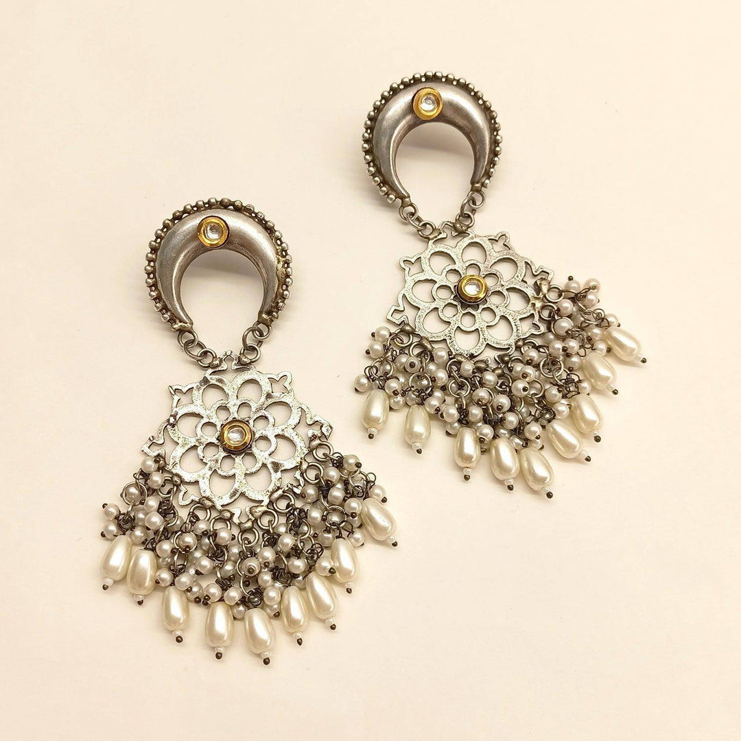 Bhagwati Silver Oxidized Earrings With Pearl Hangings - Uboric