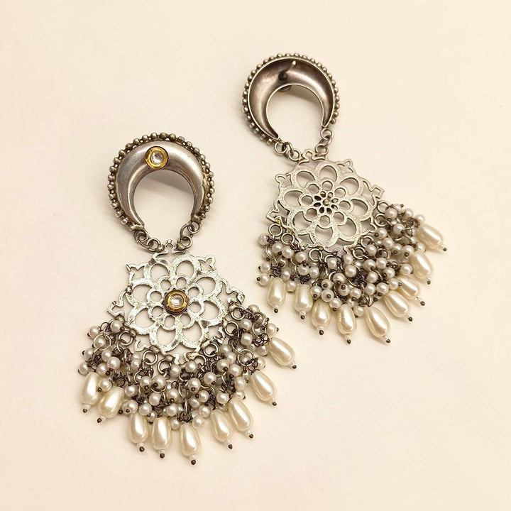 Bhagwati Silver Oxidized Earrings With Pearl Hangings - Uboric