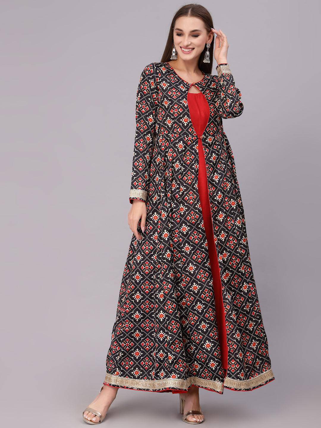 Black and Multi-Colour Printed Flared Kurti - Uboric