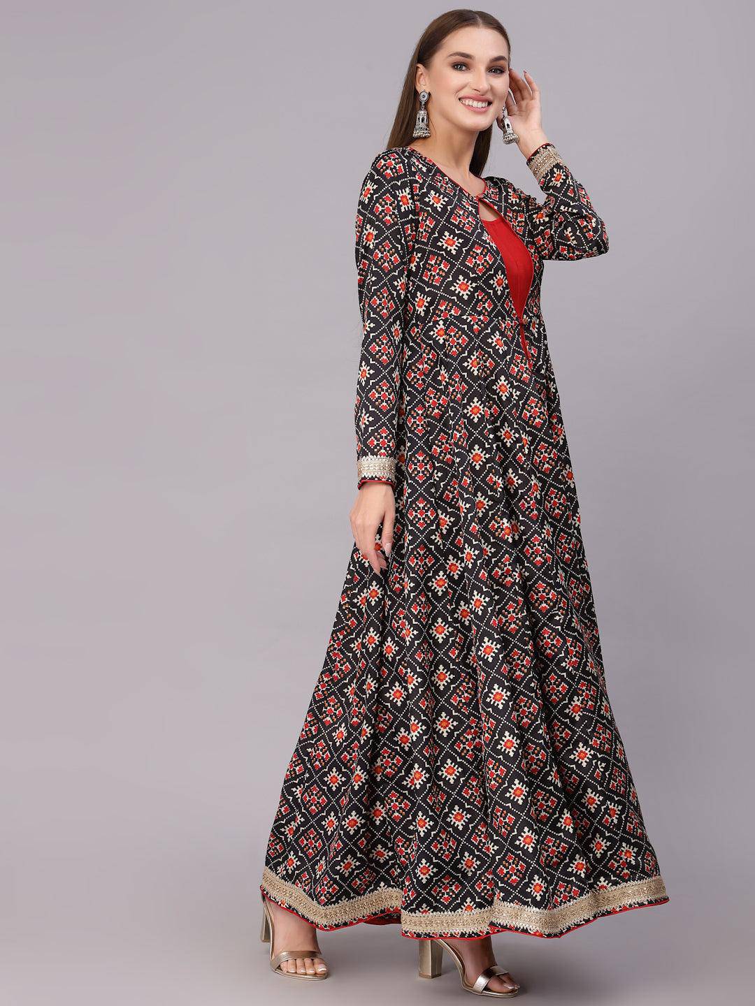 Black and Multi-Colour Printed Flared Kurti - Uboric