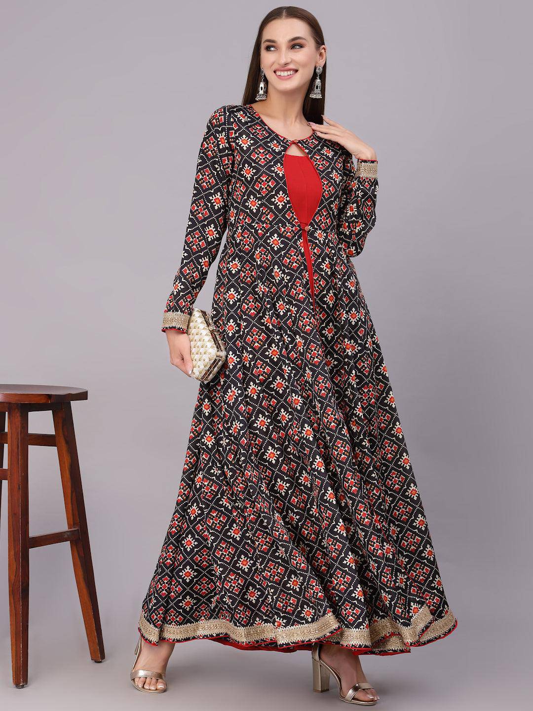 Black and Multi-Colour Printed Flared Kurti - Uboric