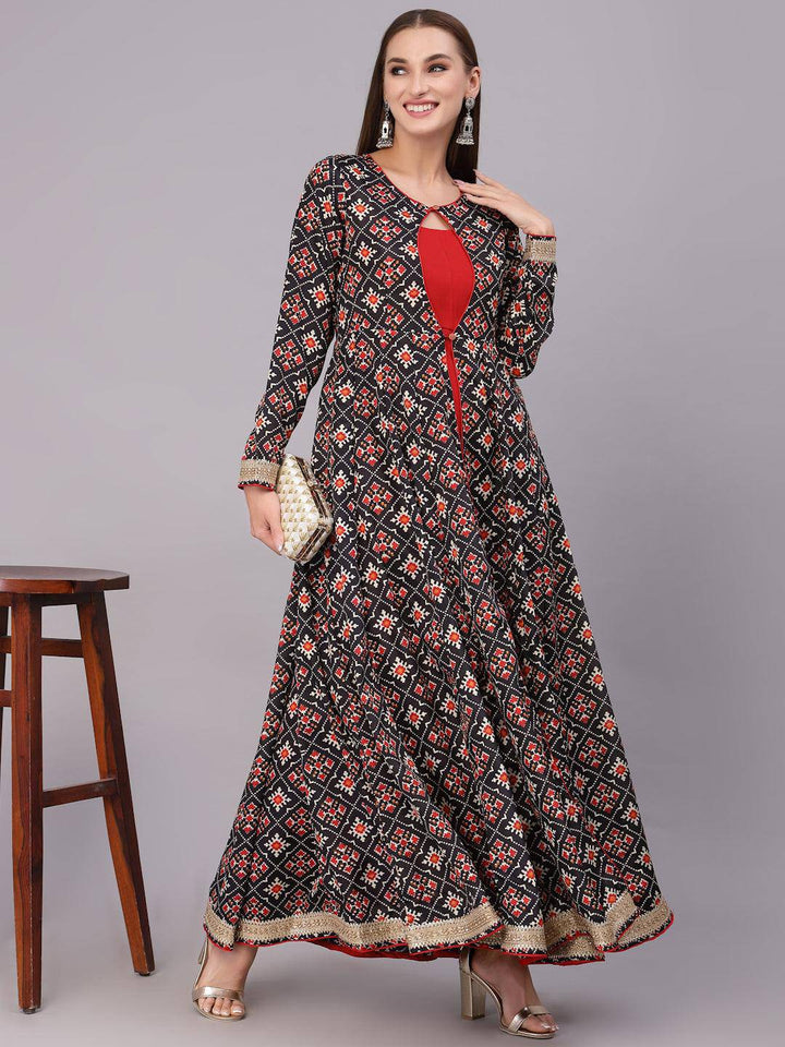 Black and Multi-Colour Printed Flared Kurti - Uboric