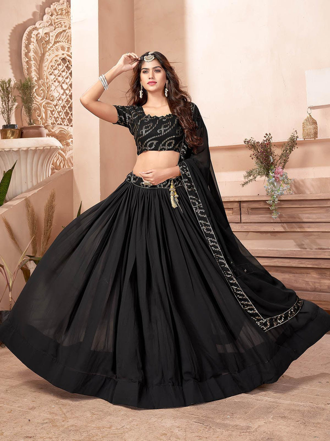 Black Faux Georgette Full Stitched Lehenga With  Stitched Blouse - Uboric