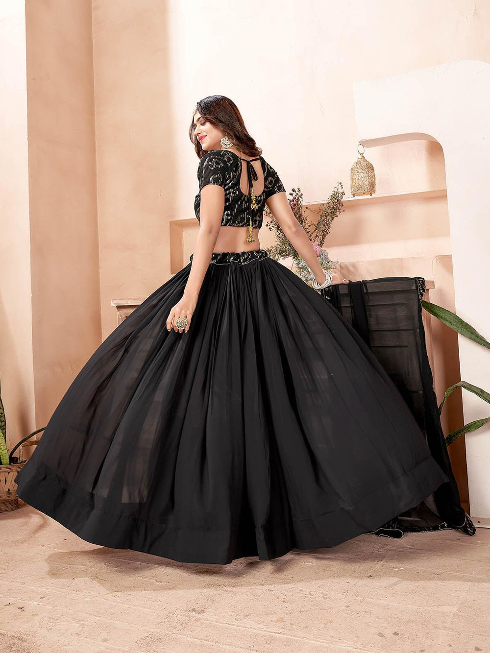 Black Faux Georgette Full Stitched Lehenga With  Stitched Blouse - Uboric