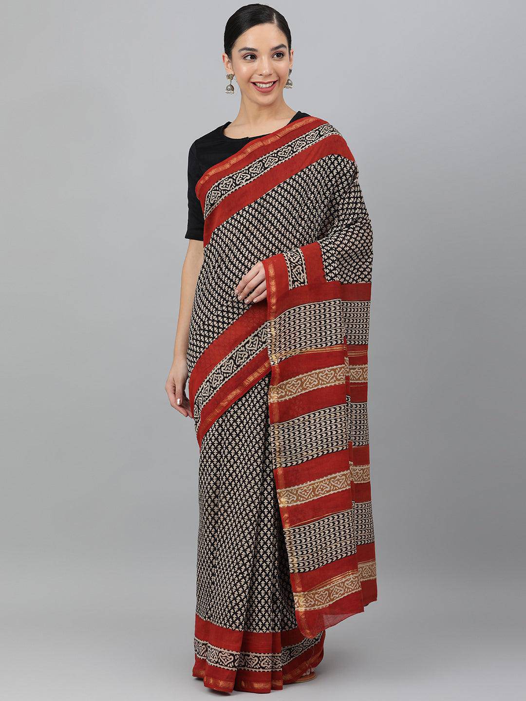 Black Hand-Block Printed and Zari-Bordered Cotton Saree - Uboric