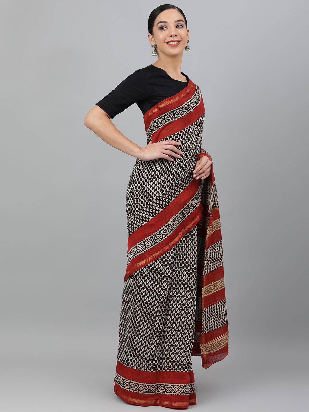 Black Hand-Block Printed and Zari-Bordered Cotton Saree - Uboric