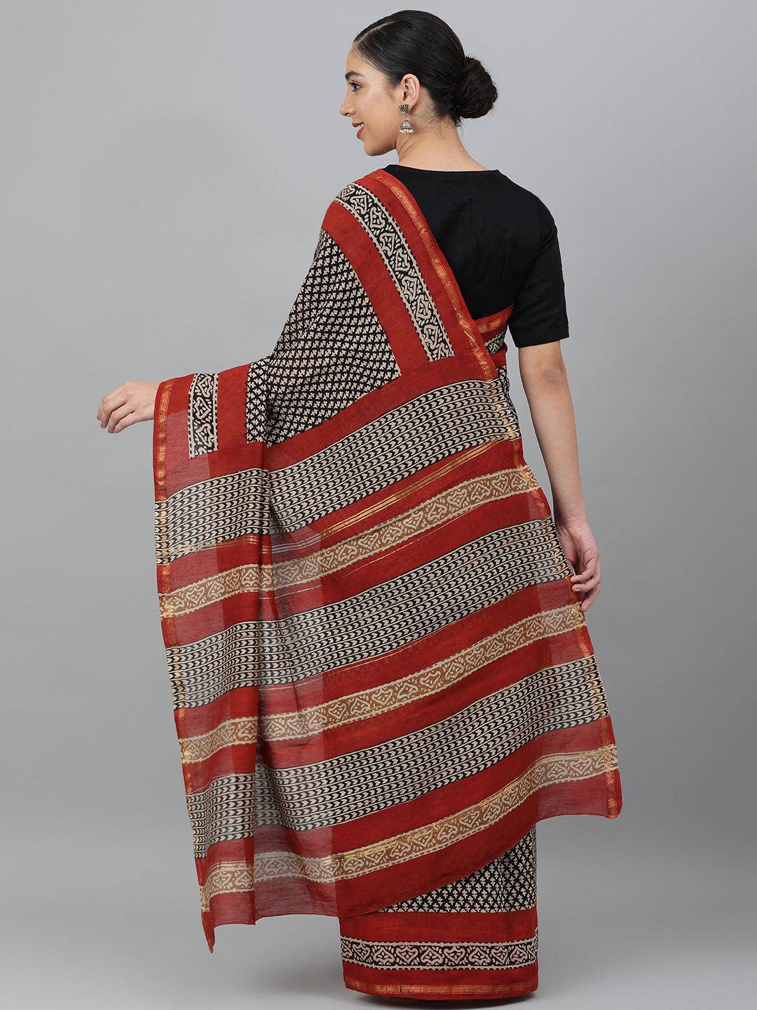 Black Hand-Block Printed and Zari-Bordered Cotton Saree - Uboric