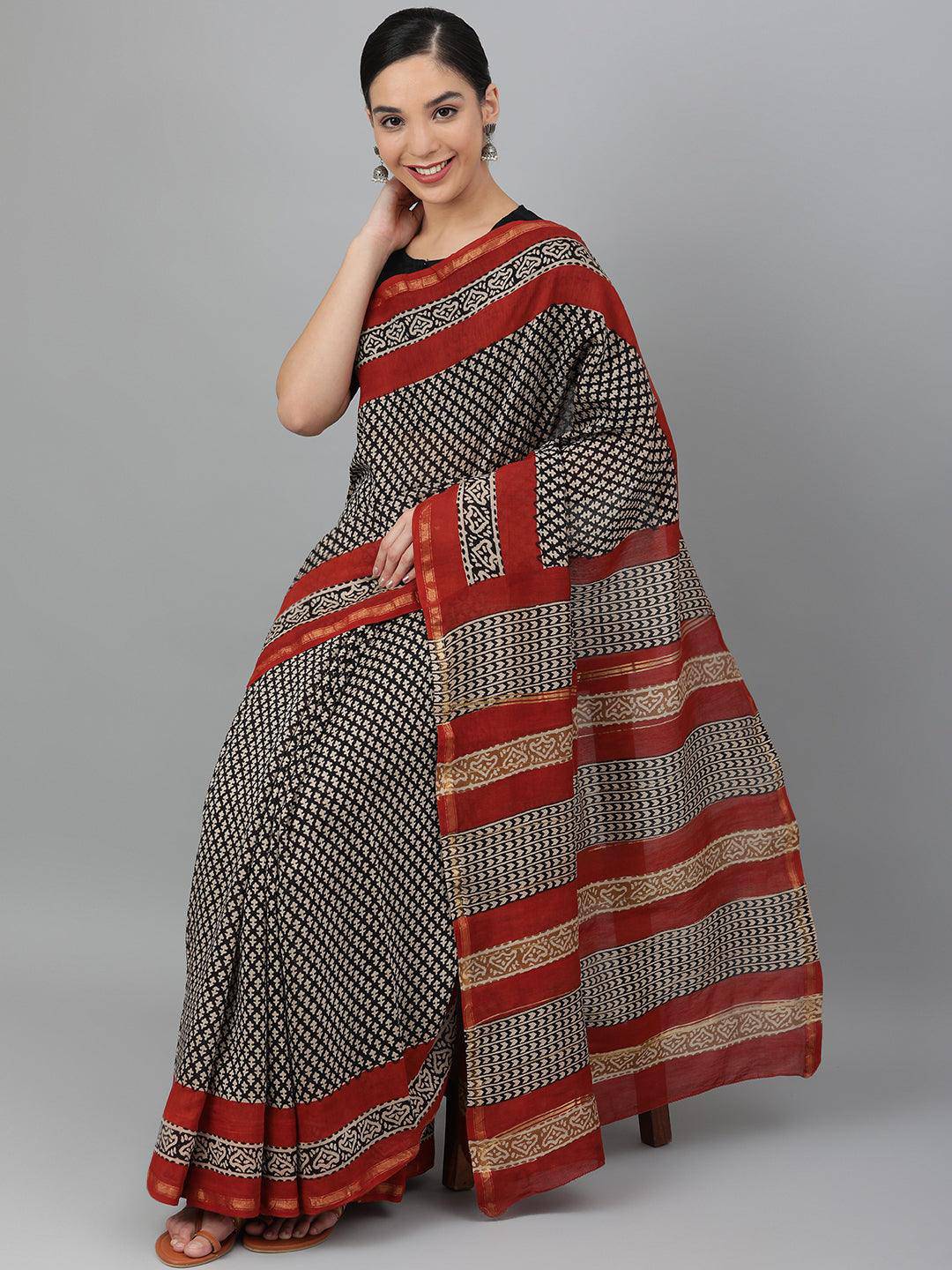 Black Hand-Block Printed and Zari-Bordered Cotton Saree - Uboric