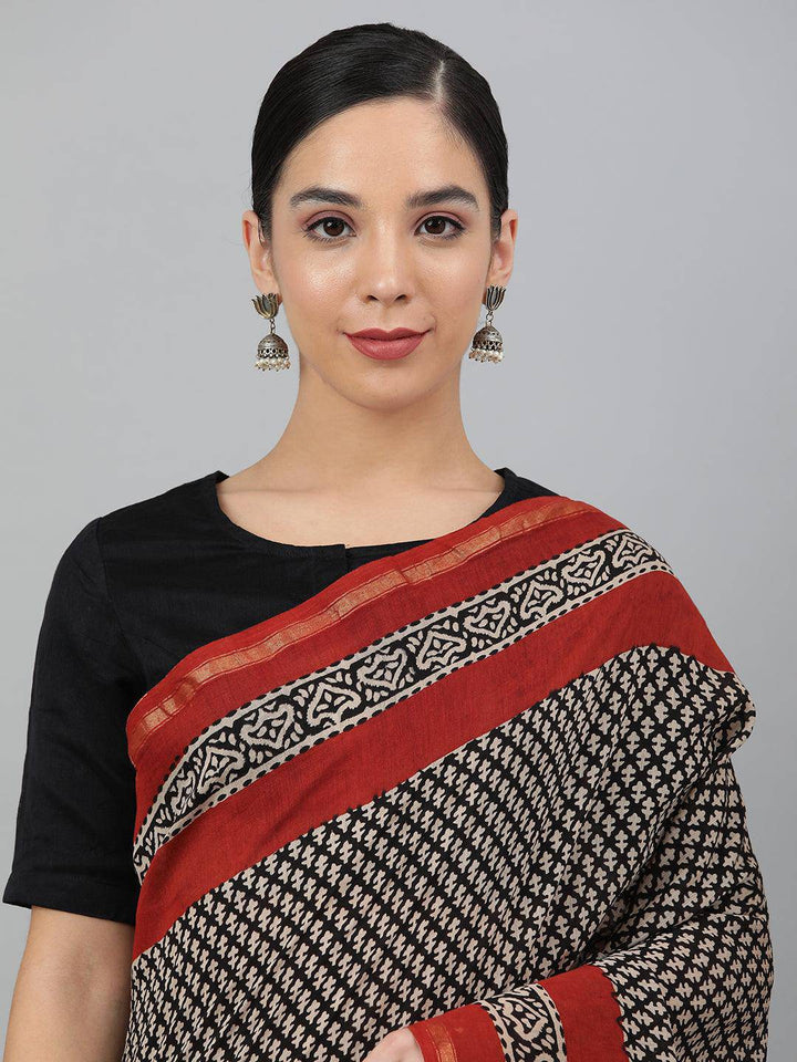 Black Hand-Block Printed and Zari-Bordered Cotton Saree - Uboric