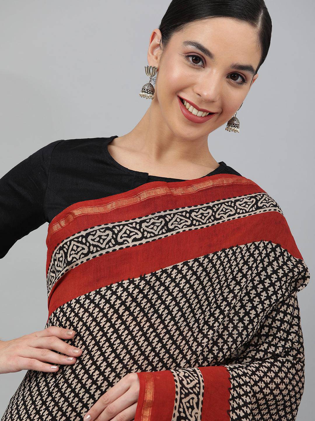 Black Hand-Block Printed and Zari-Bordered Cotton Saree - Uboric