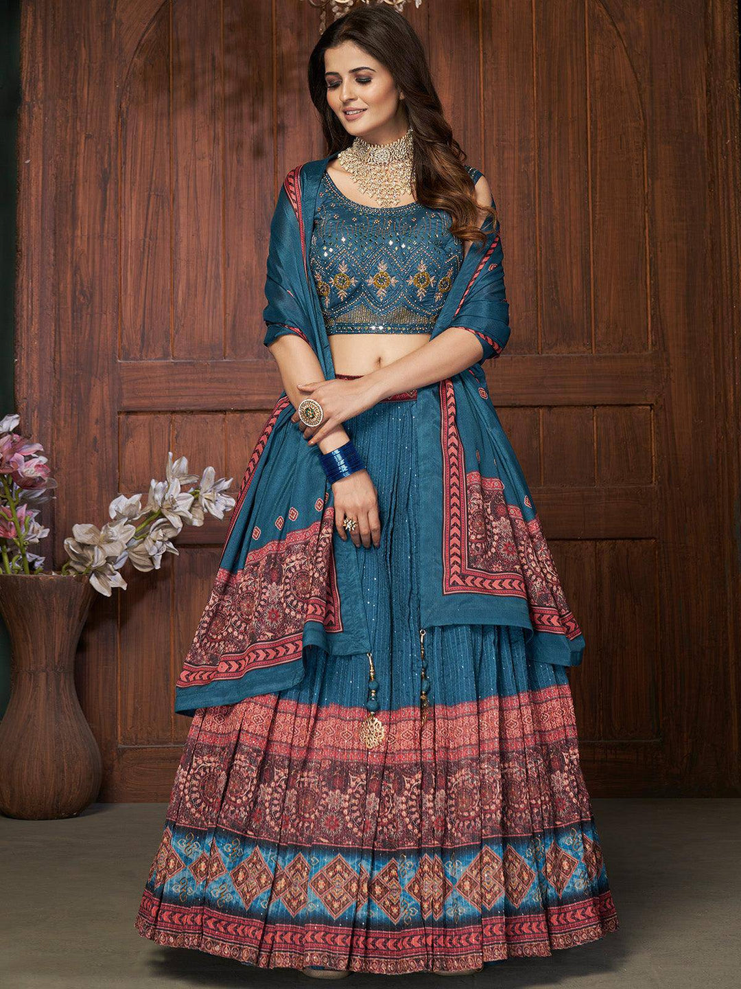 Blue Chinon Sequins Stitched  Lehenga Choli (Fully Stitched & Ready to Wear) - Uboric