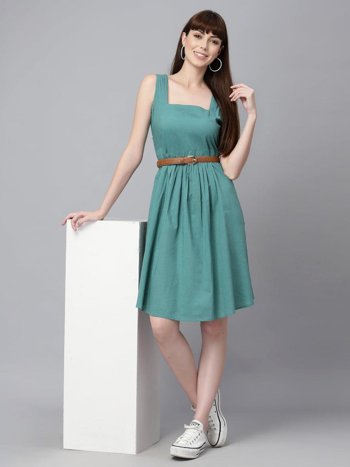 Blue Cotton Solid Gathered Dress - Uboric