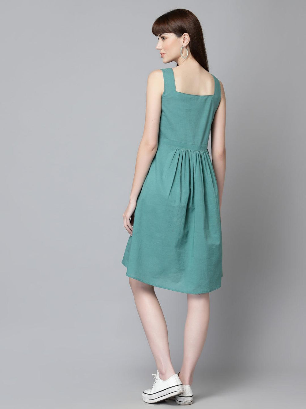 Blue Cotton Solid Gathered Dress - Uboric