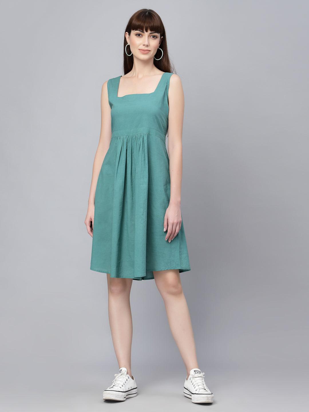 Blue Cotton Solid Gathered Dress - Uboric