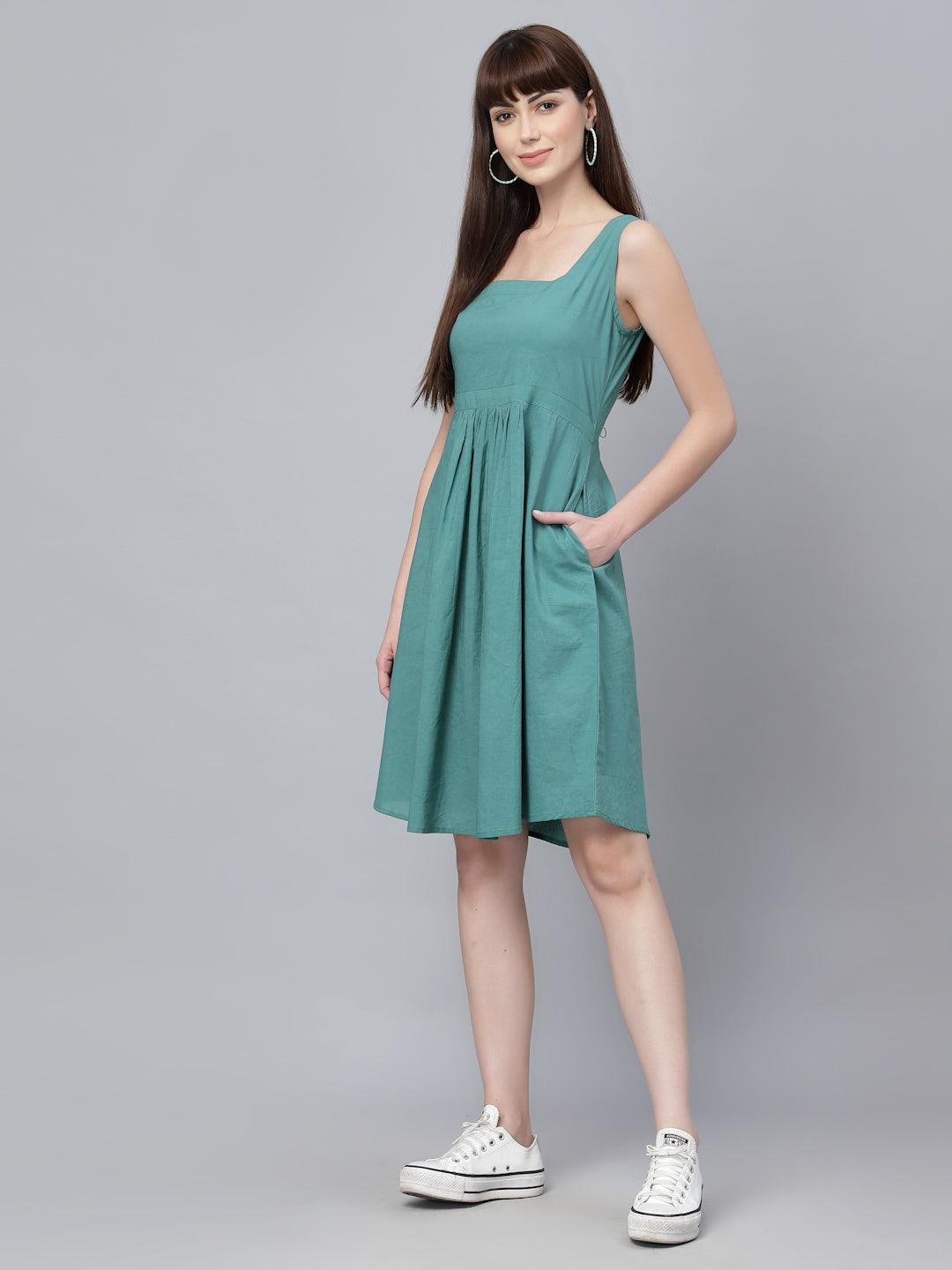 Blue Cotton Solid Gathered Dress - Uboric