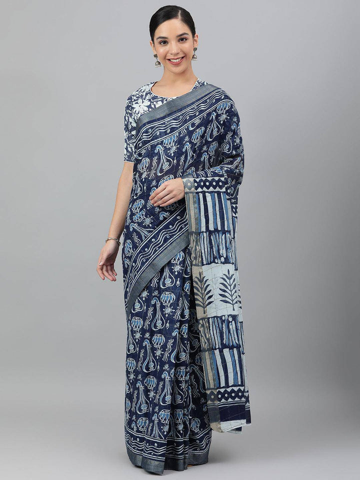 Blue Printed Cotton Saree - Uboric