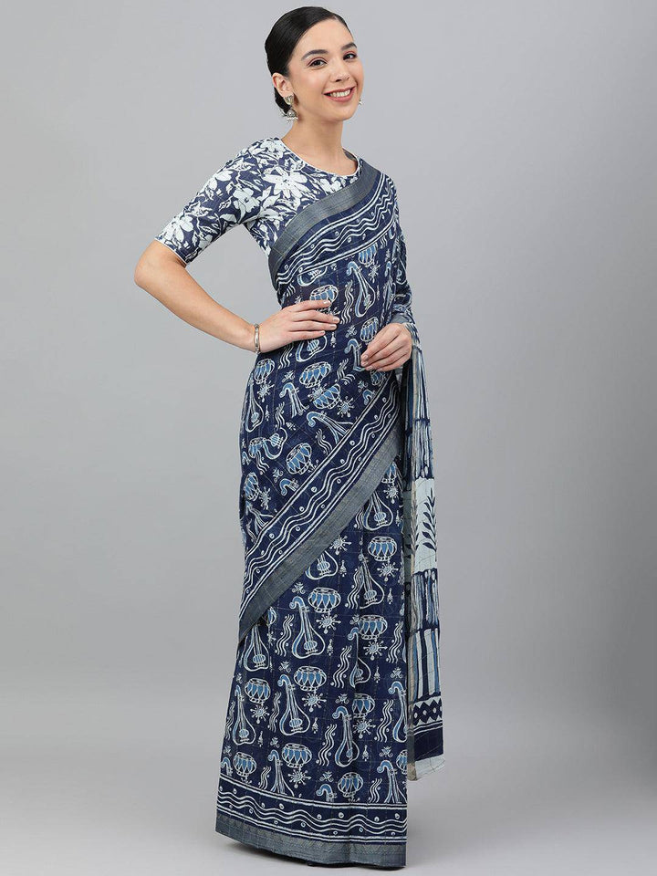 Blue Printed Cotton Saree - Uboric