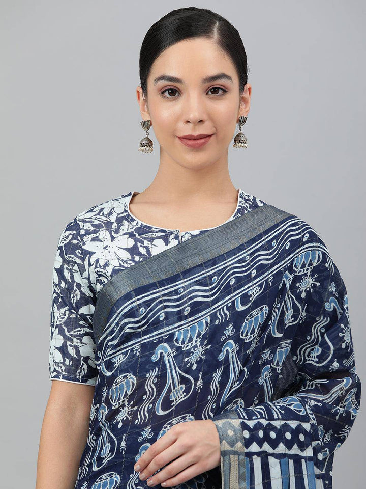 Blue Printed Cotton Saree - Uboric