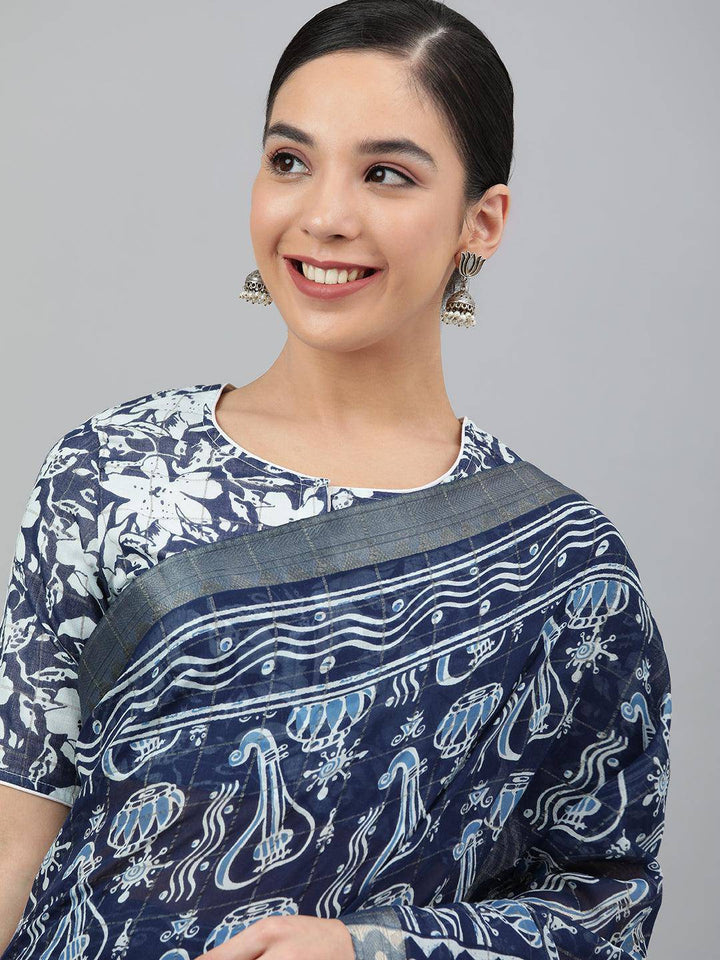 Blue Printed Cotton Saree - Uboric