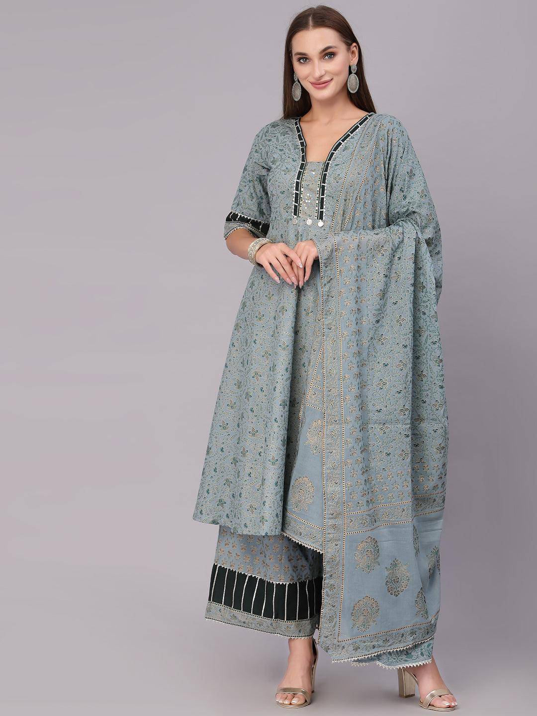 Bottle Green Kurta Set With Dupatta - Uboric