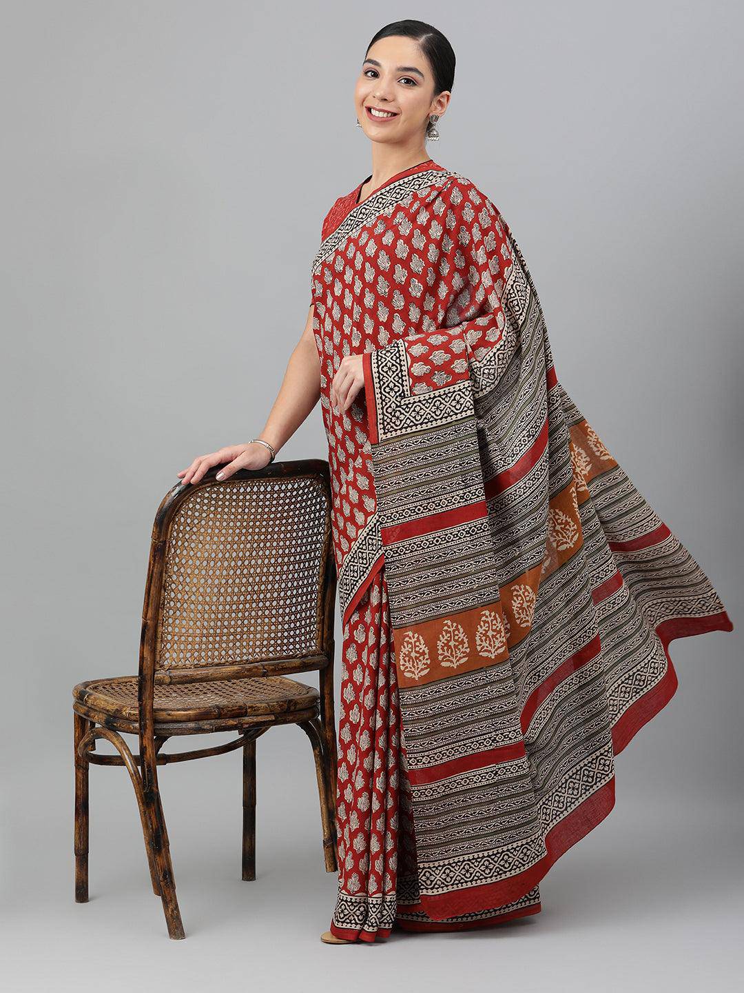 Brick-Red Cotton Hand Block Printed Saree - Uboric