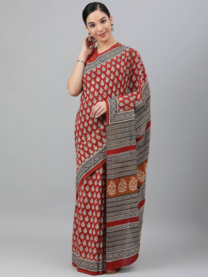 Brick-Red Cotton Hand Block Printed Saree - Uboric