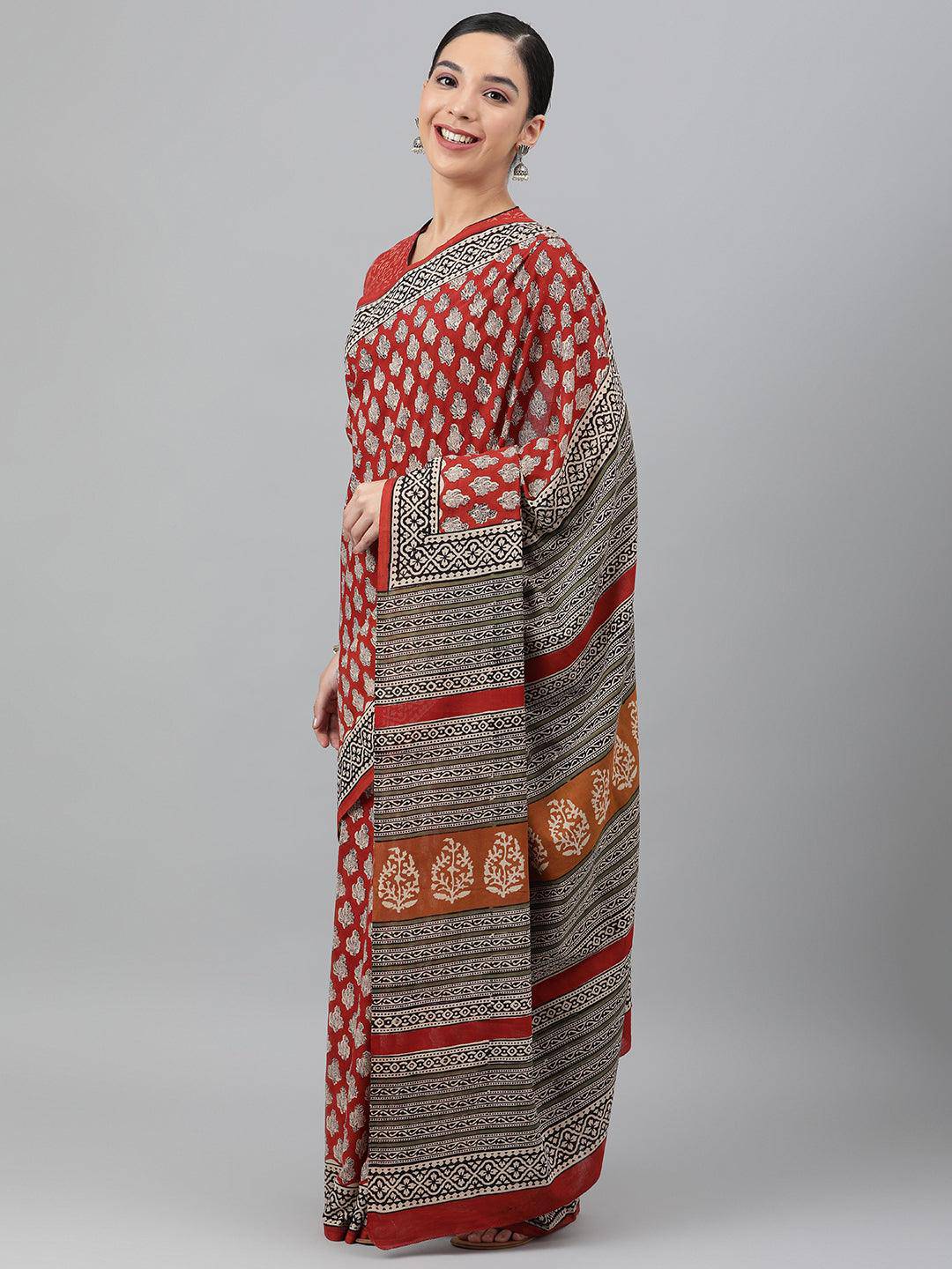 Brick-Red Cotton Hand Block Printed Saree - Uboric