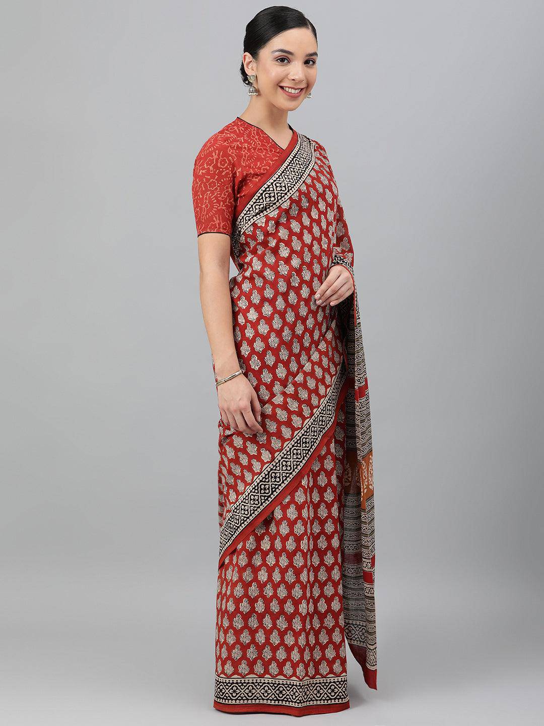 Brick-Red Cotton Hand Block Printed Saree - Uboric