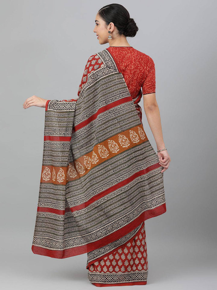 Brick-Red Cotton Hand Block Printed Saree - Uboric