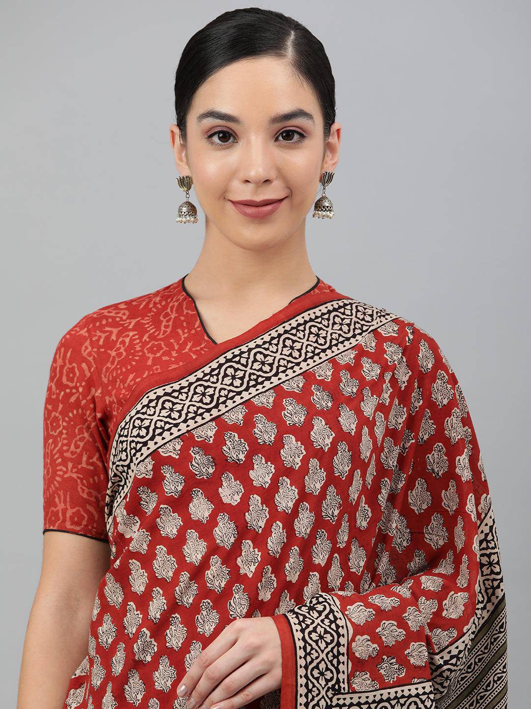 Brick-Red Cotton Hand Block Printed Saree - Uboric