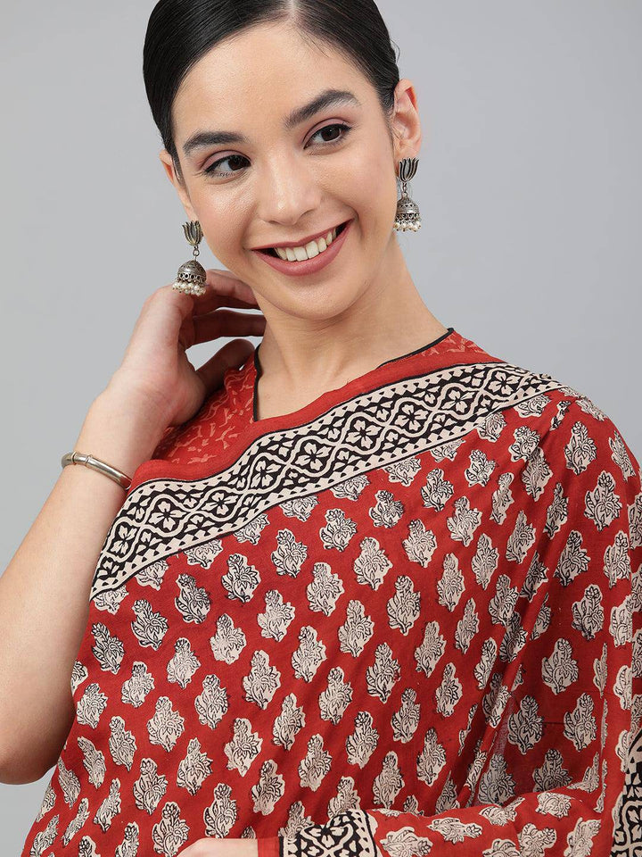 Brick-Red Cotton Hand Block Printed Saree - Uboric