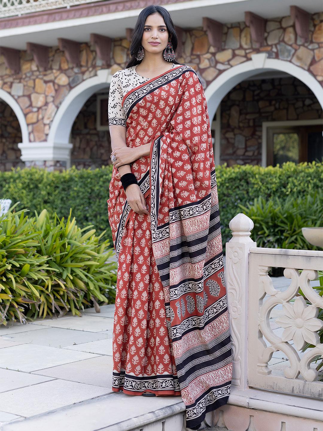 Brick-Red Hand-Block Cotton Saree - Uboric