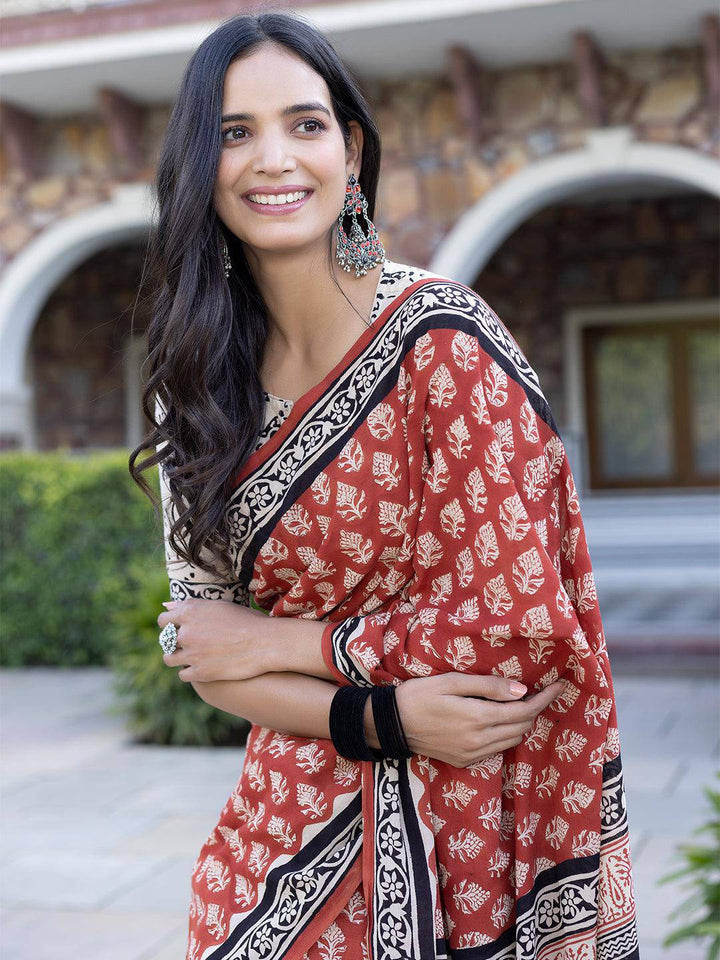 Brick-Red Hand-Block Cotton Saree - Uboric