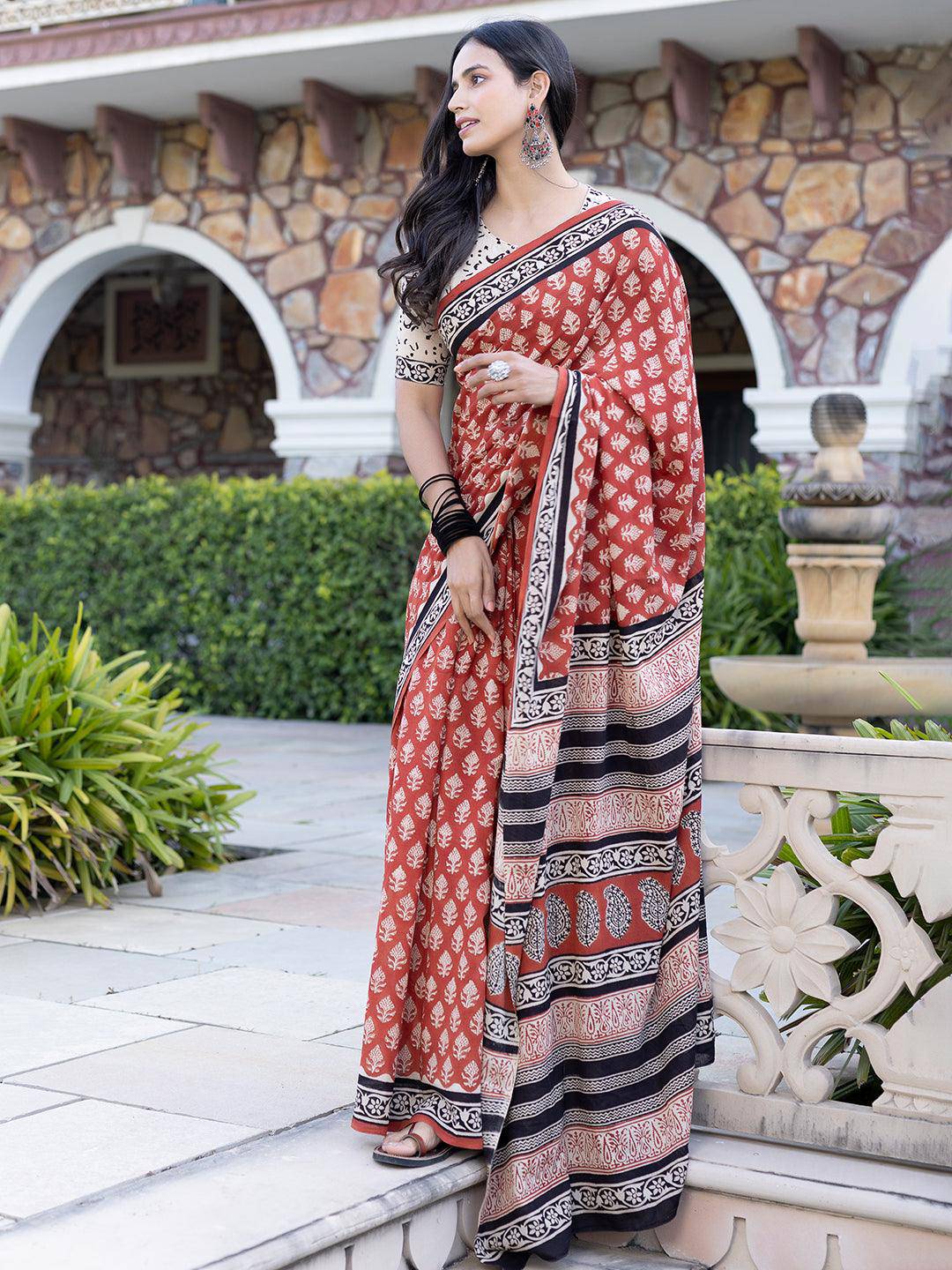 Brick-Red Hand-Block Cotton Saree - Uboric