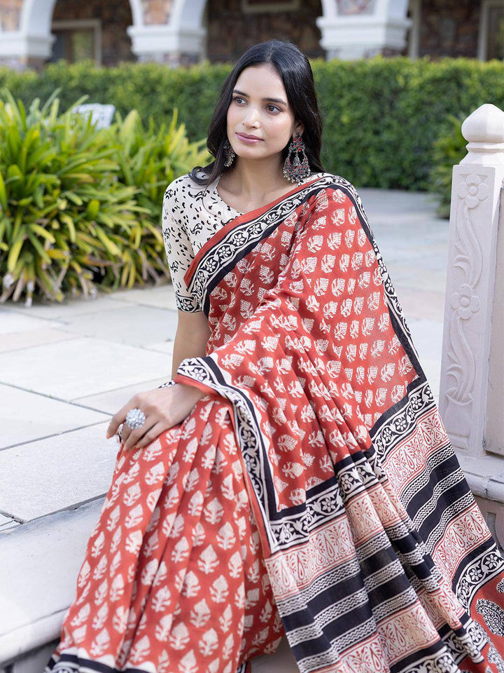 Brick-Red Hand-Block Cotton Saree - Uboric