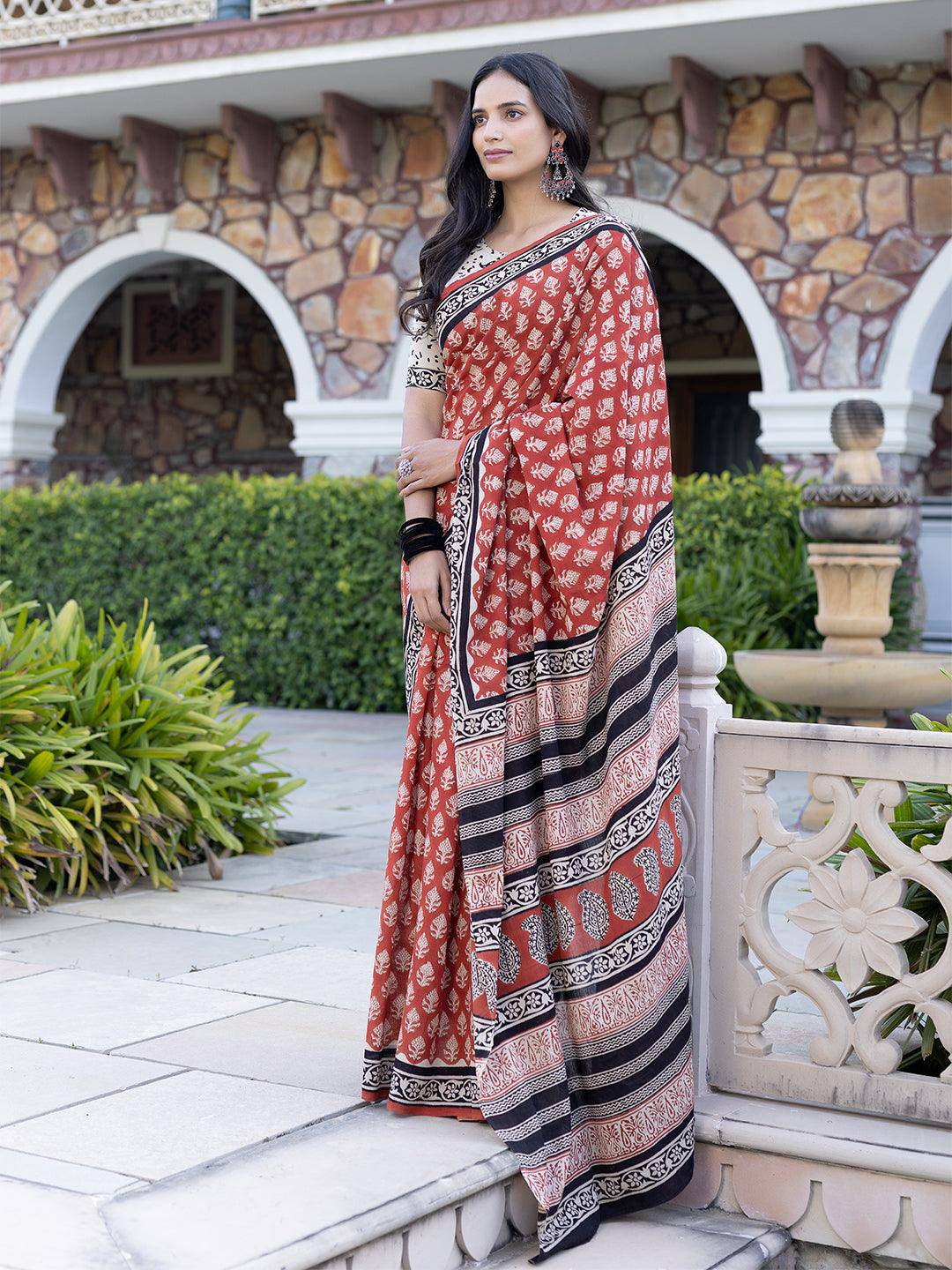 Brick-Red Hand-Block Cotton Saree - Uboric