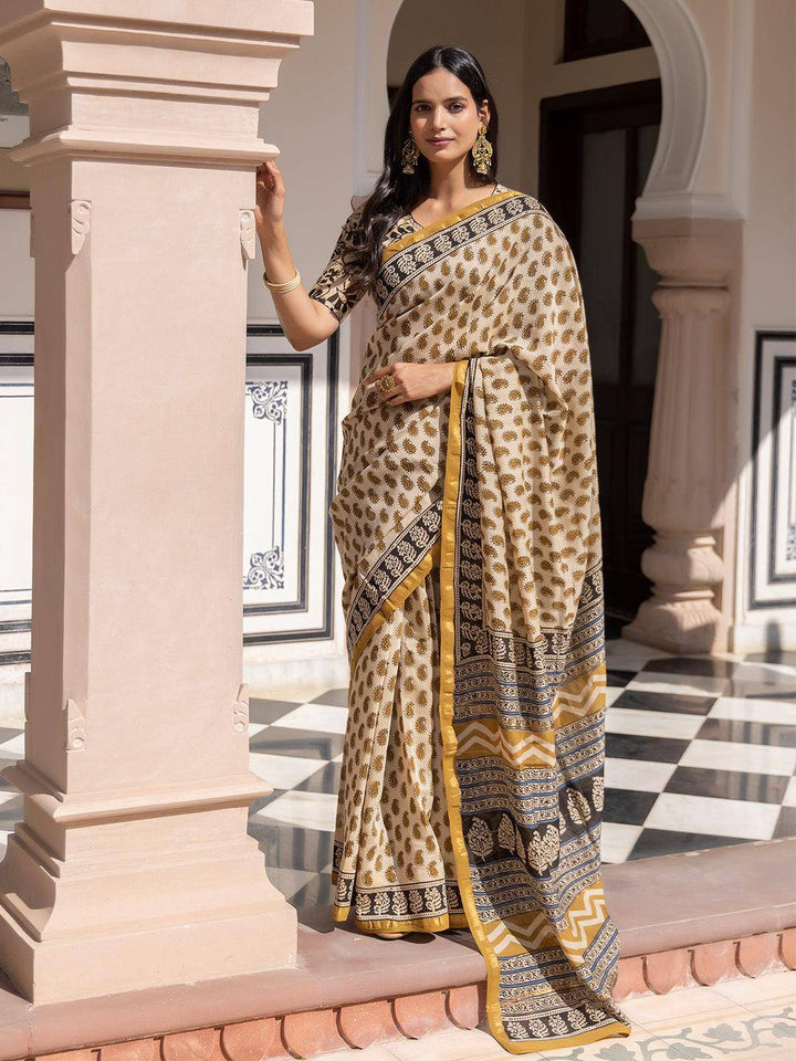 Camel Ajrakh Cotton Saree - Uboric