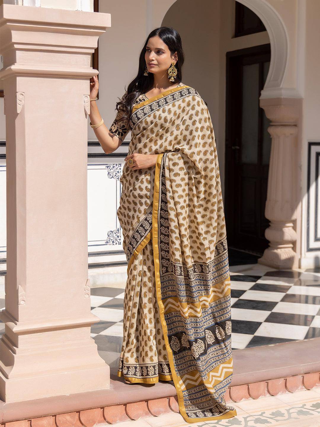 Camel Ajrakh Cotton Saree - Uboric