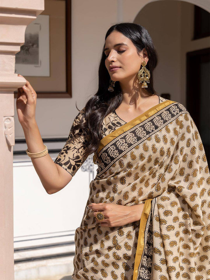 Camel Ajrakh Cotton Saree - Uboric