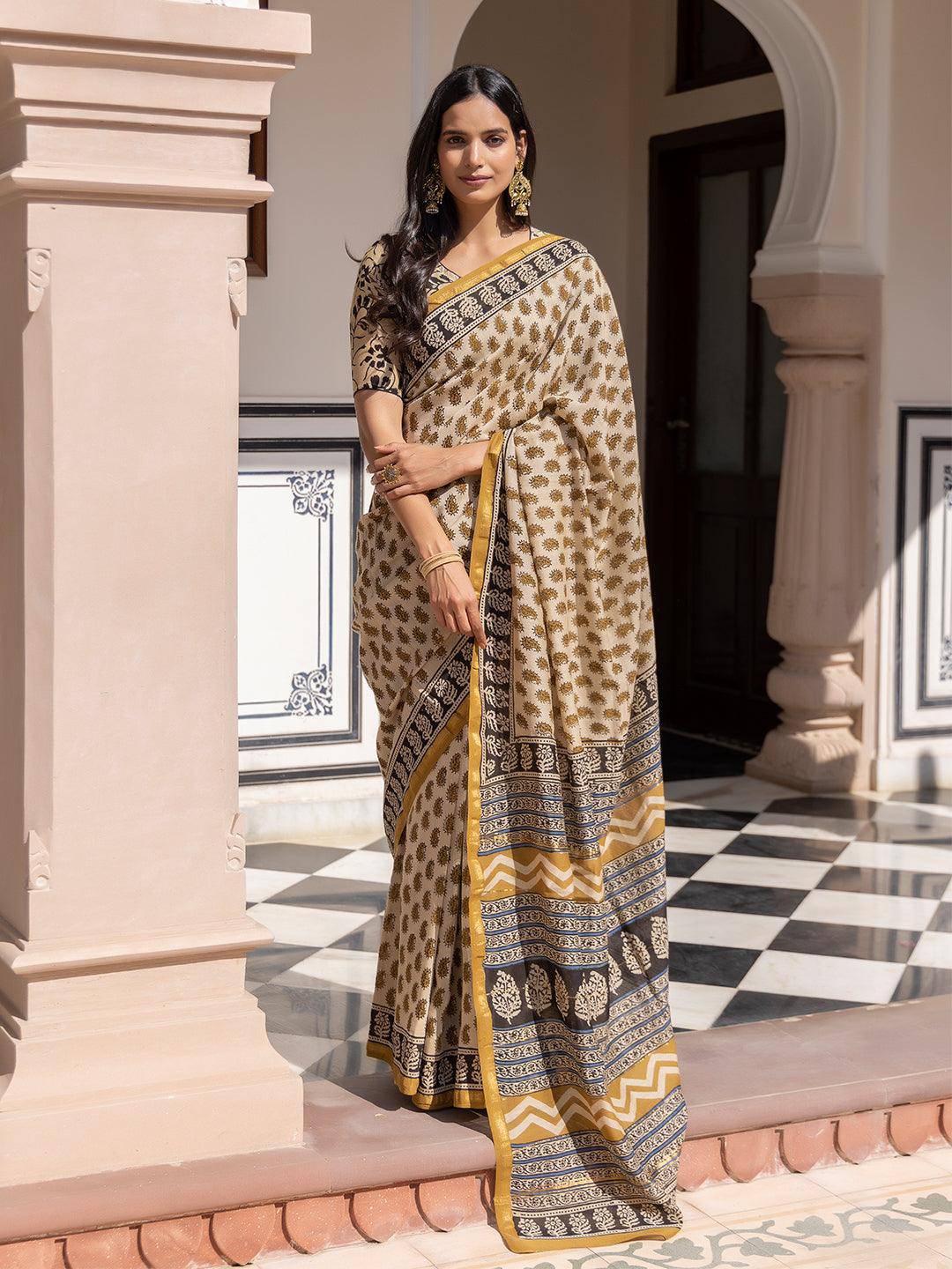 Camel Ajrakh Cotton Saree - Uboric