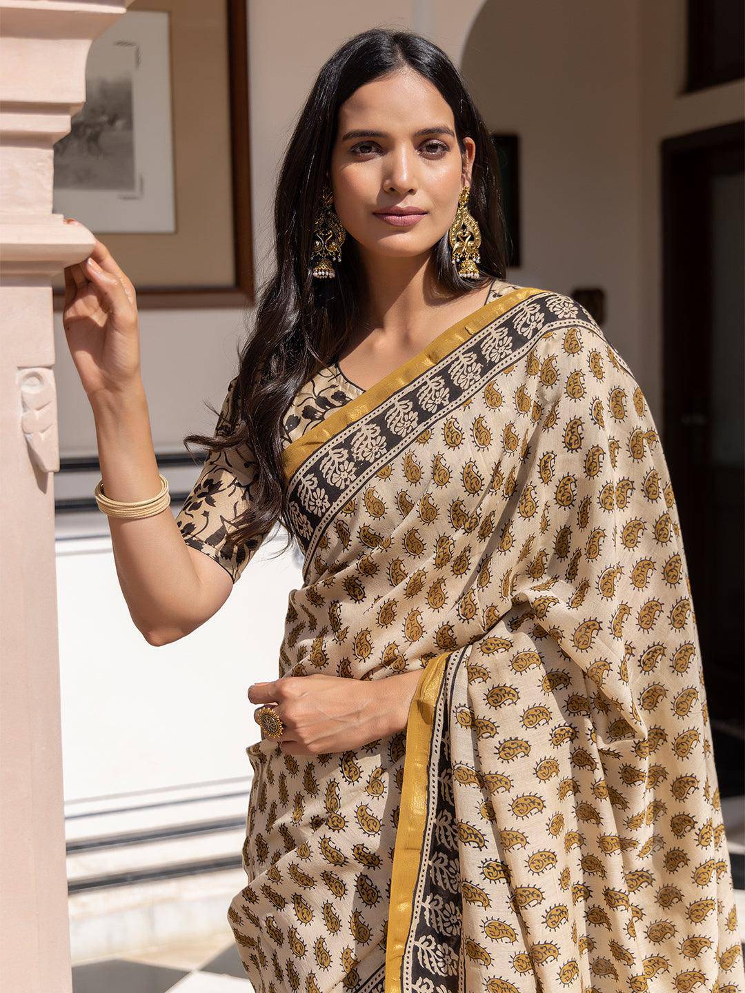 Camel Ajrakh Cotton Saree - Uboric