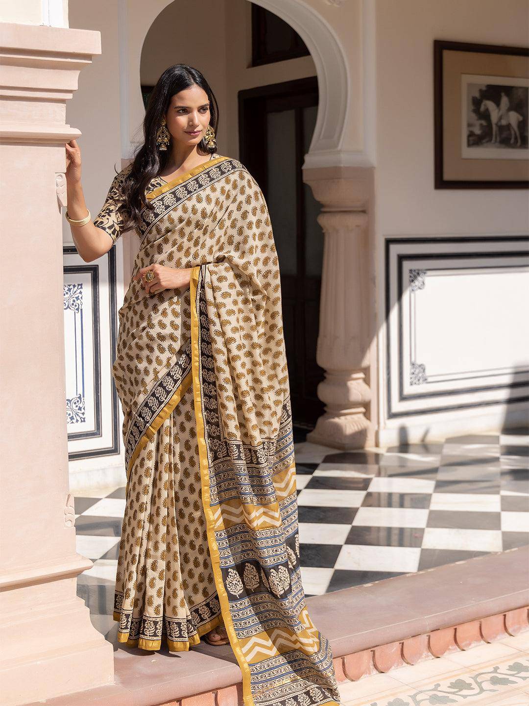 Camel Ajrakh Cotton Saree - Uboric