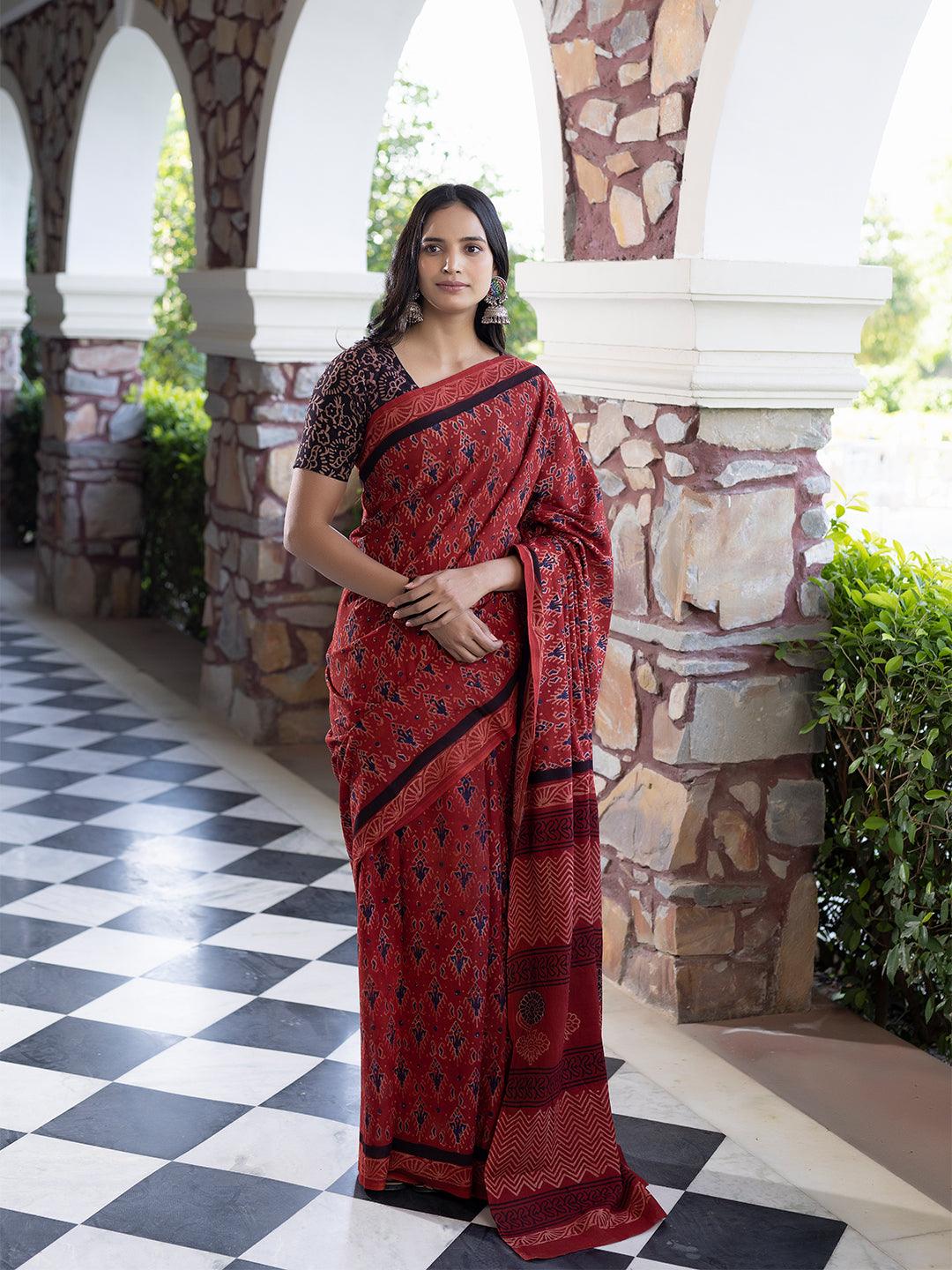 Cardinal Blue Ajrakh Cotton Saree - Uboric