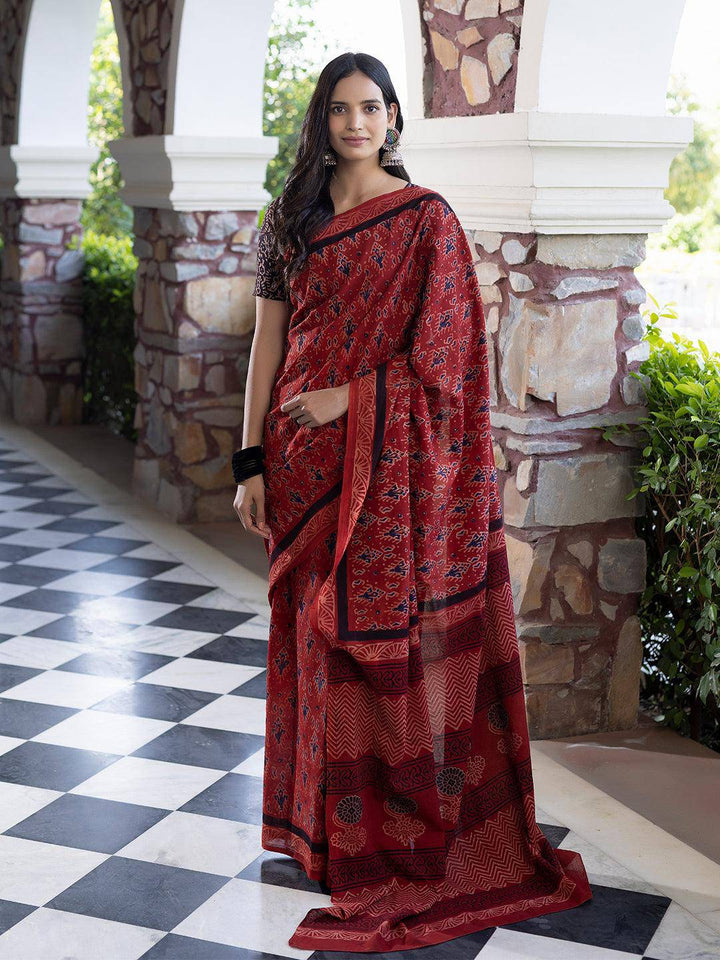 Cardinal Blue Ajrakh Cotton Saree - Uboric