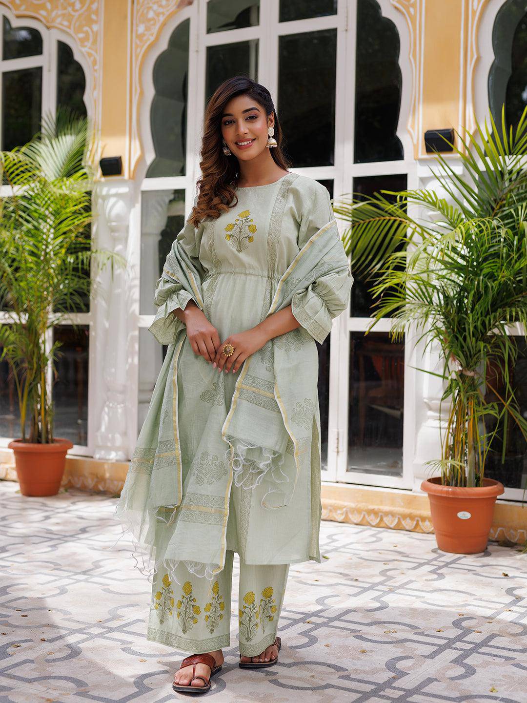 Celadon Green Hand Block Kurta Set - Uboric