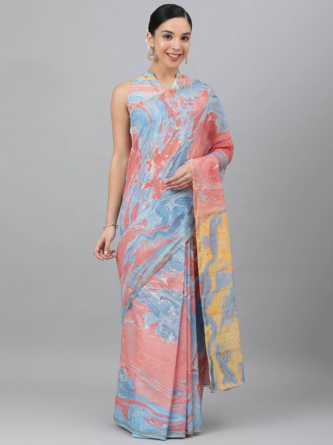 Chanderi Multi-Colour Marble Print Saree - Uboric