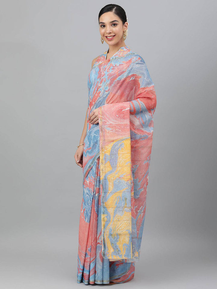 Chanderi Multi-Colour Marble Print Saree - Uboric